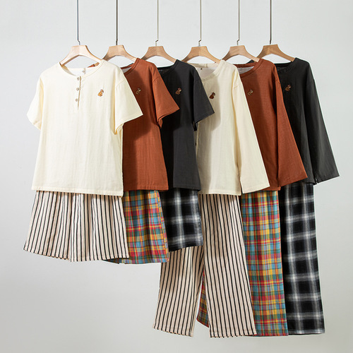 Outerwear pure cotton double-layer embroidery couple short/long sleeve pajamas and pants, 100% cotton home wear set wholesale