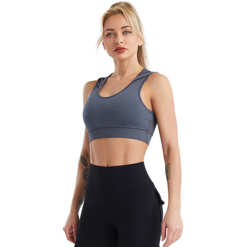 Cross-border hooded yoga wear for women summer mesh breathable quick-drying vest running nude sports bra with chest pads