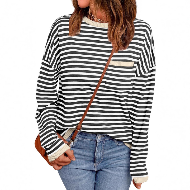 2025 Amazon Women's Striped Soft Knitted Pullover Sweater Loose Shirt with Chest Pocket Color Matching Cross-Border