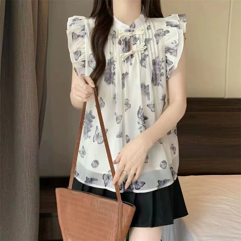 Новый китайский стиль ретро национальный стиль маленький летающий рукав шифоновая бабочка рубашка женская летняя дизайн тонкий иностранный минус топ