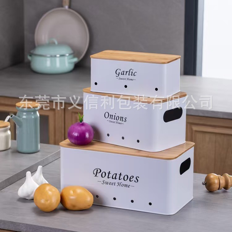 Amazon Tapa de bambú Tanque de almacenamiento blanco Patata Conservación transpirable Cocina Papas Cebolla Ajo Caja de almacenamiento de metal