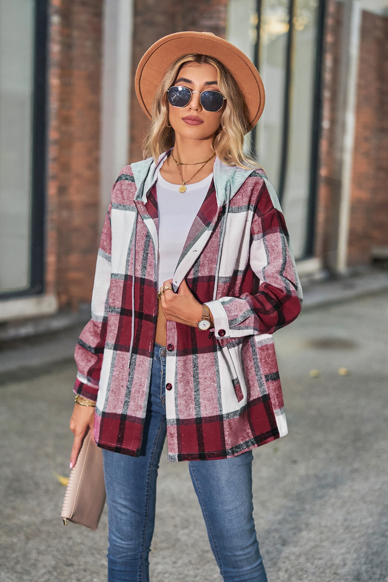 Coat Tops Type Daily Occasion Hooded Neckline Comfort Function Women's Casual Plaid Pocket Single Breasted Coat