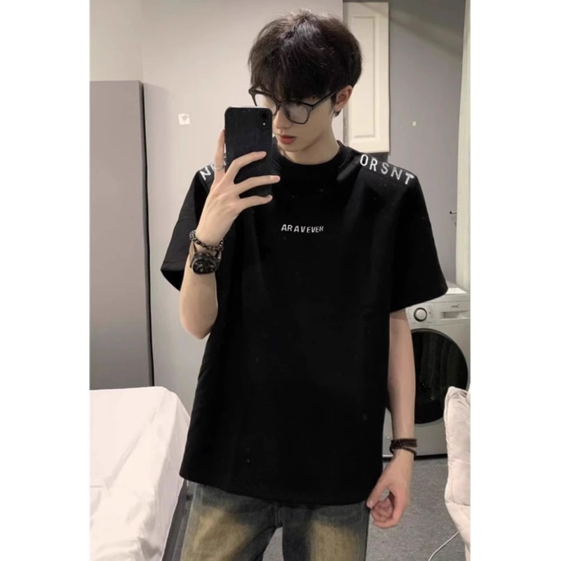 Design Sense Pad Shoulder Short-sleeved T-shirt Men's Loose Heavy Letter Printed Top Summer Trendy Brand Plump Handsome Half-sleeved T-shirt