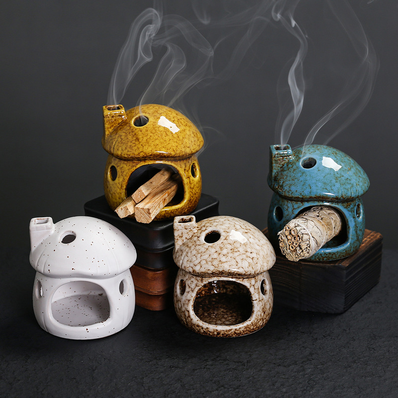 窑变陶瓷蘑菇小壁炉秘鲁圣木燃烧支架palo santo holder鼠尾草盘|undefined