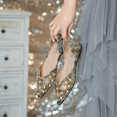 238-33平底單鞋女2023秋百搭尖頭淺口豆豆鞋民族風瓢鞋內增高滿鑽