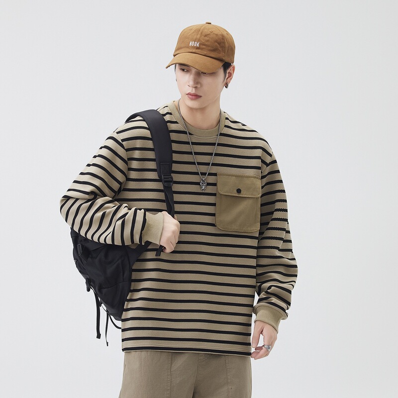 Brand-name T-shirt, long-sleeved, men's, 2026 autumn/winter new collection, trendy, loose fit, for young and middle-aged men, round neck, striped sweatshirt Brand-name T-shirt, long-sleeved, men's, 2026 autumn/winter new collection, trendy, loose fit, for young and middle-aged men, round neck, striped sweatshirt