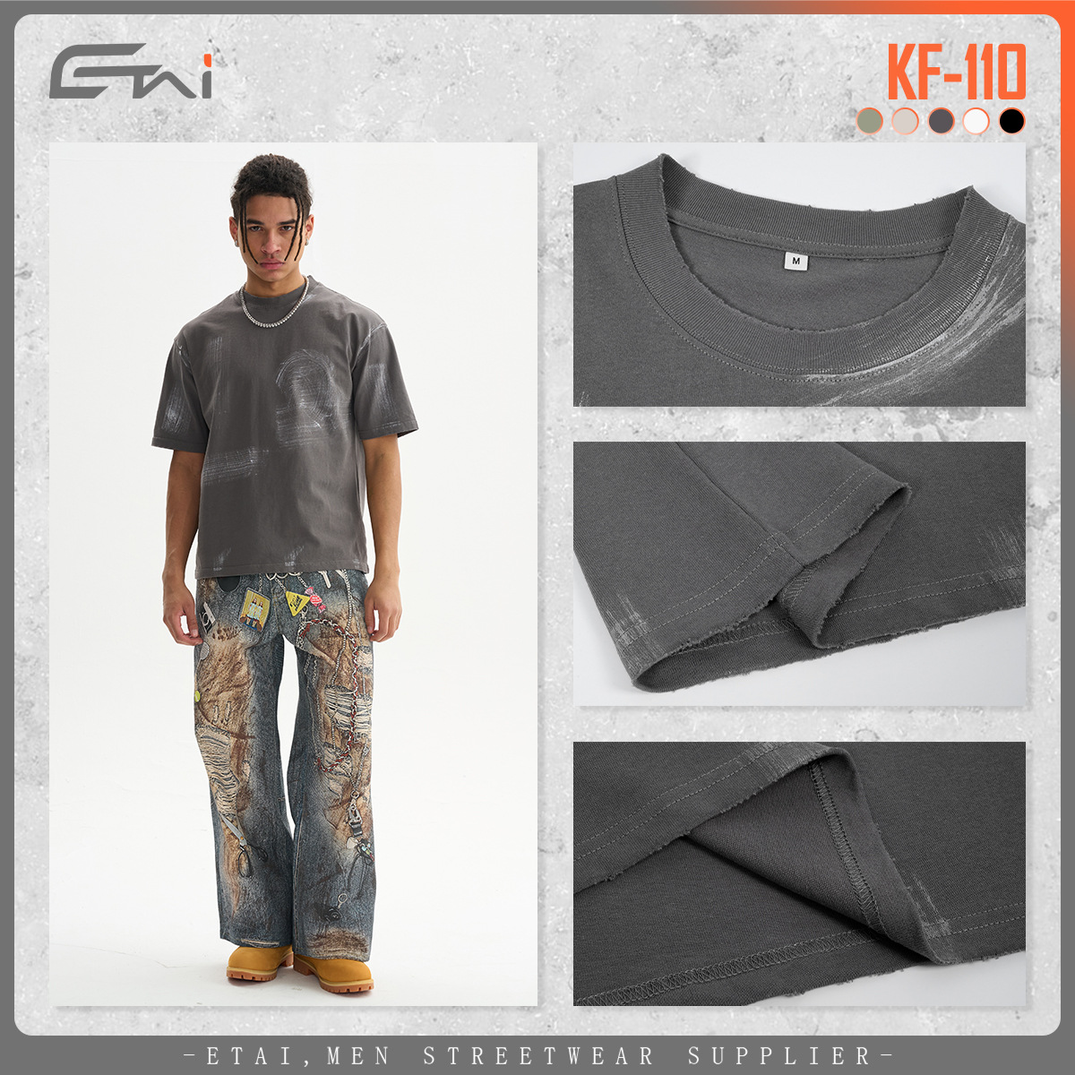 ETAI Hombre| 280g pesado algodón americano camiseta retro marca de moda hombre callejera feng shui lavado suelto hombre mangas cortas