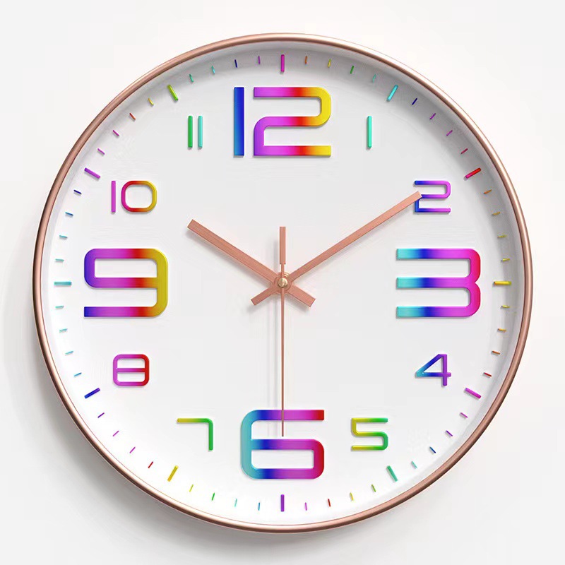 12 pulgadas 30CM simple venta de plástico silencioso reloj de pared creativo de moda sala de estar digital tridimensional arco iris escala reloj de pared