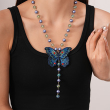 复古镶钻刺绣蝴蝶玻璃珠长款毛衣链时尚夸张小众气质高级感项链女