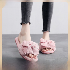 韓版新款毛毛拖鞋手工蝴蝶結棉拖鞋室毛絨內防滑保暖拖鞋冬季批發