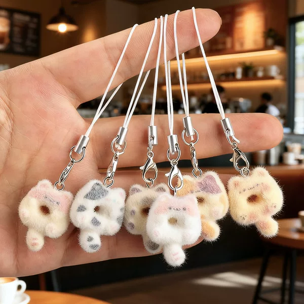 Cute Flocked Cat Donut Fun Cartoon Food Toy Bag Phone Chain Pendant Couple Best Friend Gift