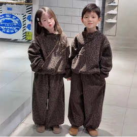 儿童冬装一体绒豹纹卫衣卫裤两件套2025新款中小童兄妹装运动套装