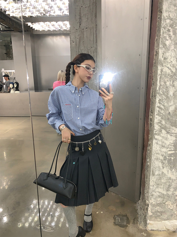 le rouge周美美 新学院主义蓝白格子可拆卸连帽翻领衬衫|undefined