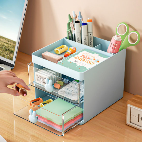 Large capacity cartoon pen holder transparent drawer rabbit storage box children girl student office desktop decoration
