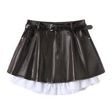 现货2025秋新品拼接A字PU皮短裙71501135