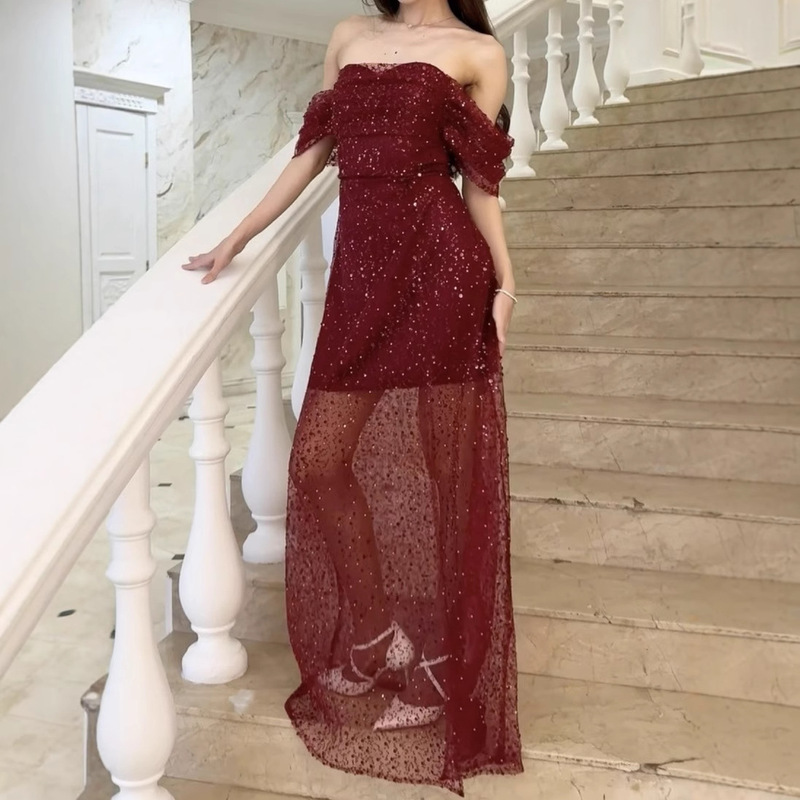 Cross-Border Plus Size Ball Long Banquet Evening Dress Elegant Boat Neck Mesh Shiny See-Through Dress