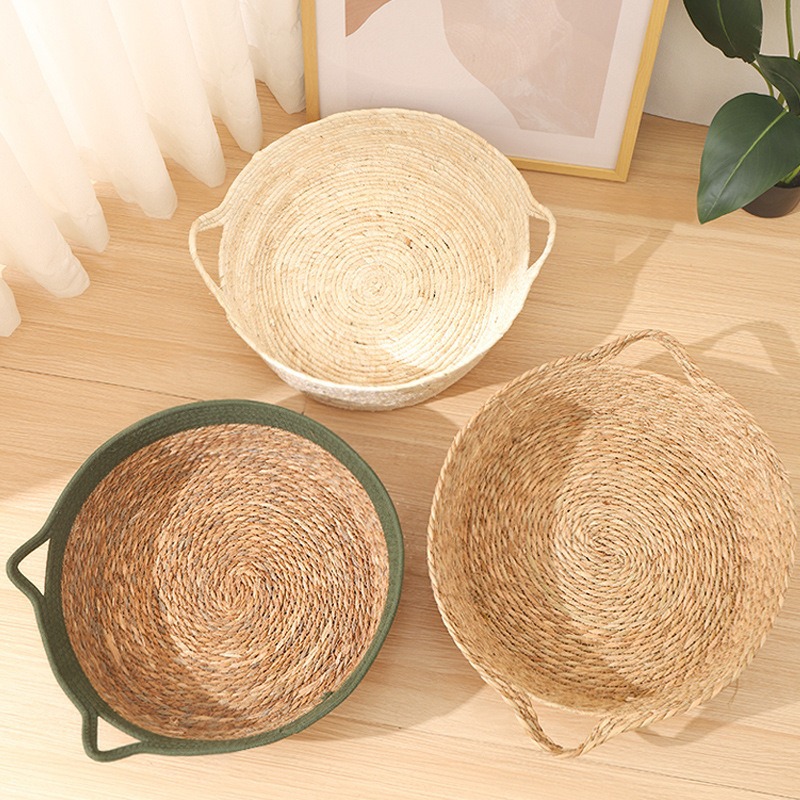 Tejido de caña de verano fresco tejido a mano cuatro estaciones generales semicerrado para mascotas gran tejido de paja cesta gato nido