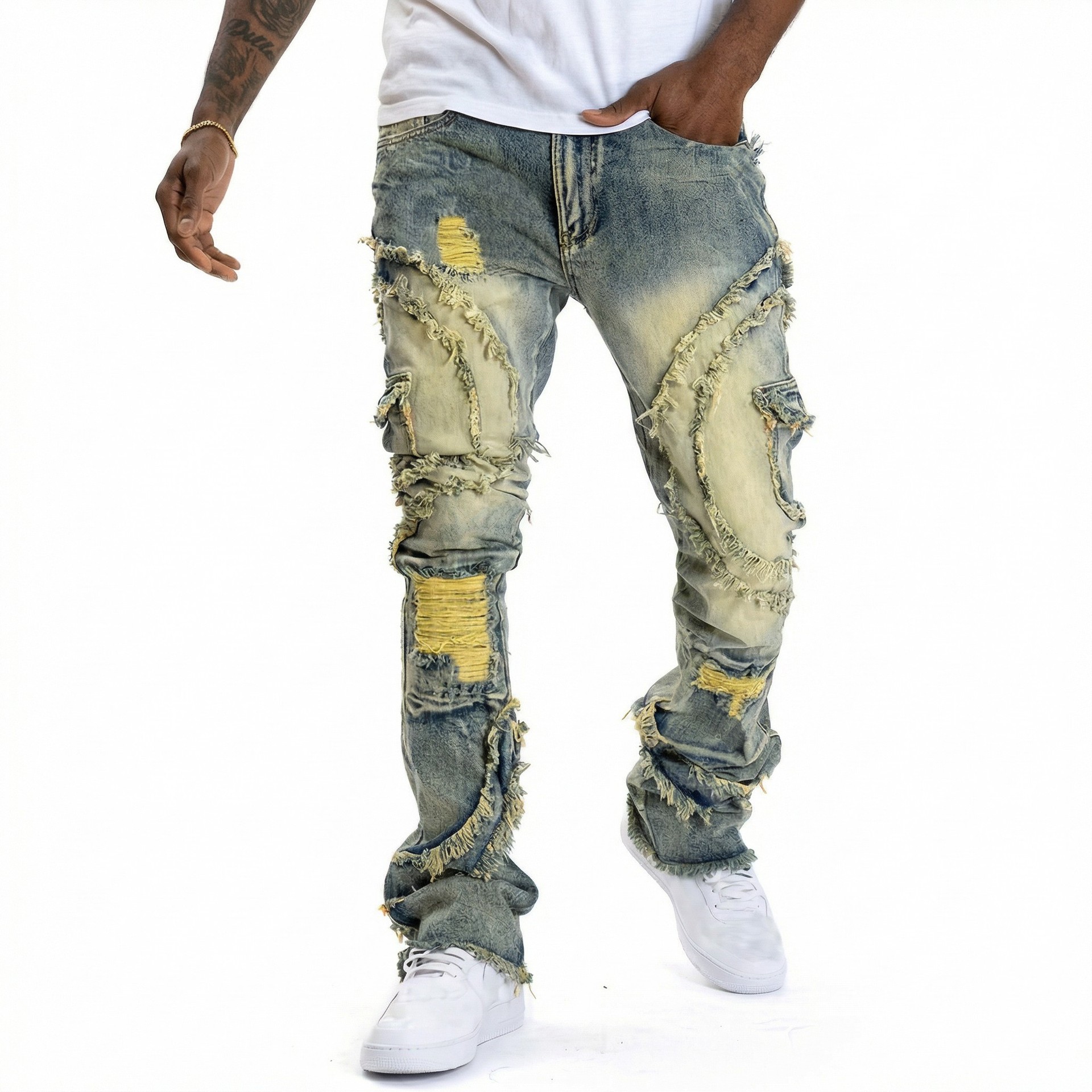 Transfronterizo para hombres europeos y estadounidenses agujeros microliscados Jeans elásticos Amazon Aliexpress TEMU nuevo