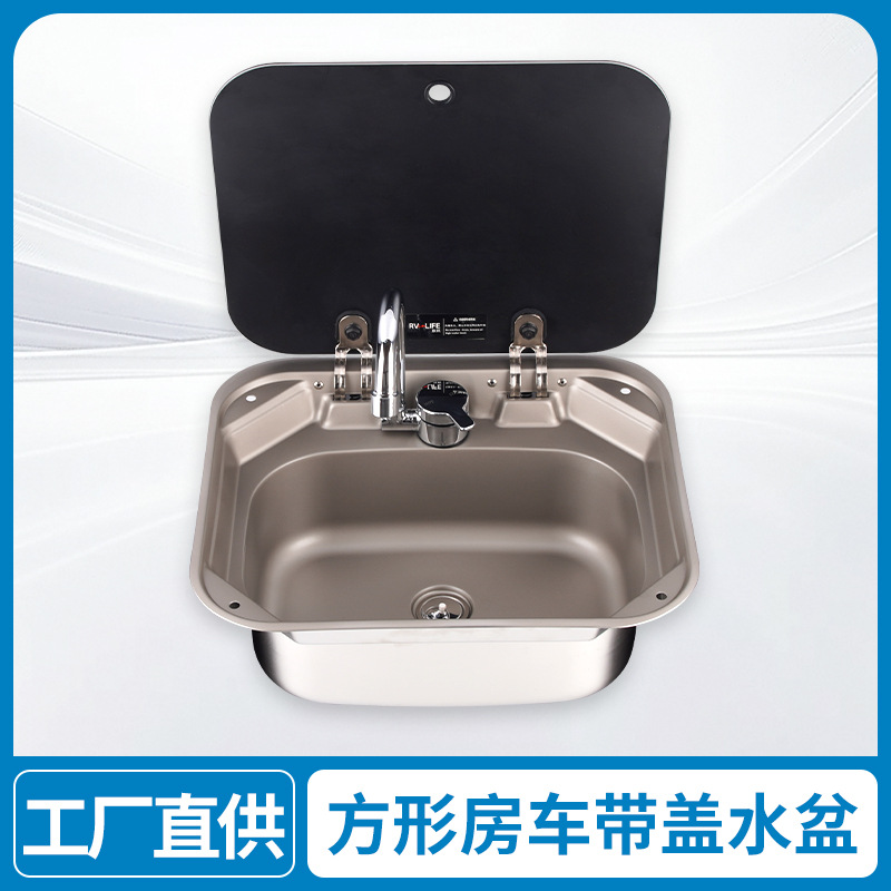 Rv Sink with Lid Kitchen Wash Basin Sink Folding Flip-Top Single-Slot Stainless Steel Square Basin