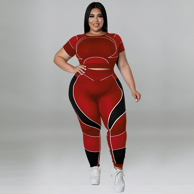Plus Size Workout Sets For Women 3/4 Sleeve Crop Top And High Waist Yoga Pants, Color Block Sports Outfit, Sweet Style Athletic Wear_ecoleips.com