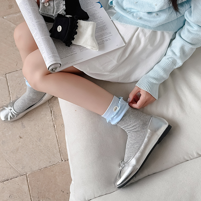 翻边纽扣袜子女2025秋冬新款拼色中筒袜无骨木耳边堆堆袜韩国袜子|undefined