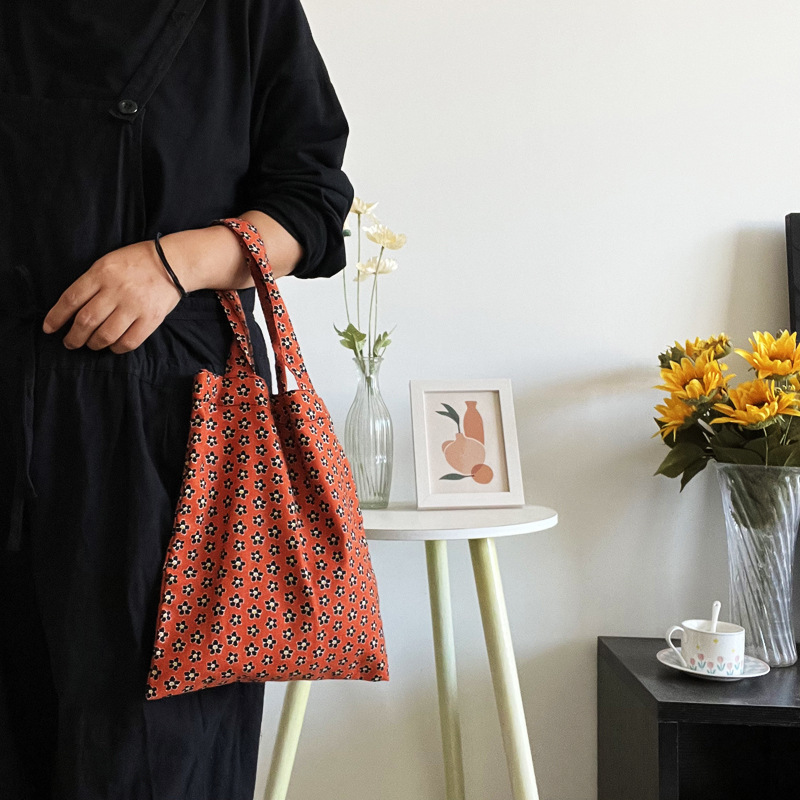 Super Nice Pumpkin Orange Floral Handbag Instagram All-match Artistic Sanding Fabric Handbag Mini Small Bag