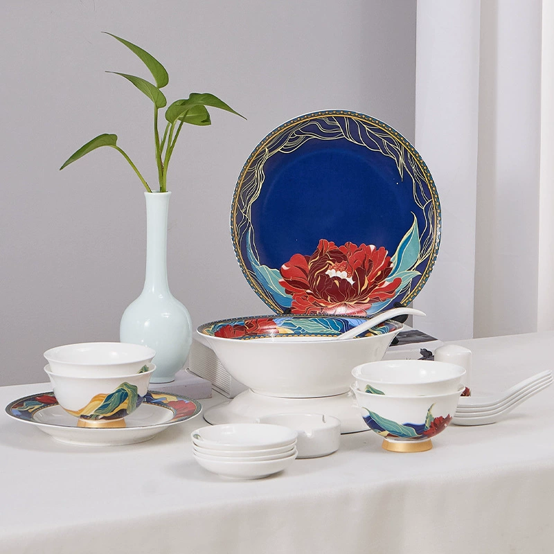 National Trend Peony Ceramic Tableware 16 Skull and Porcelain Gift Combination Gift New Chinese Spoons Bowls and Dish Thermal Transfer Tableware