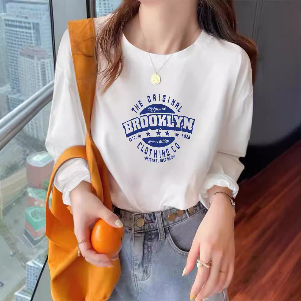 Camiseta de mujer de algodón blanco de manga larga coreana de cuello redondo, camiseta de base de tamaño grande ocio de otoño 210g camiseta de mujer