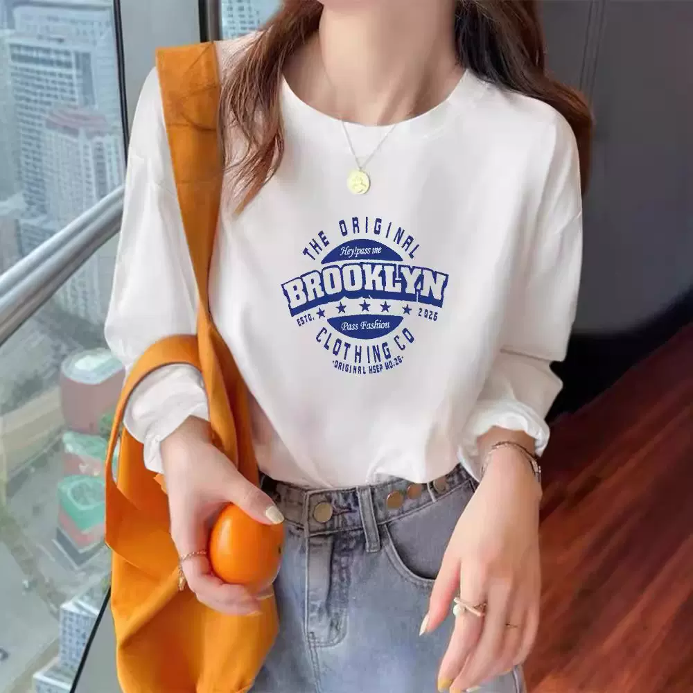 白色纯棉女装长袖t恤韩版圆领打底衫大码休闲秋季210g女式T恤上衣