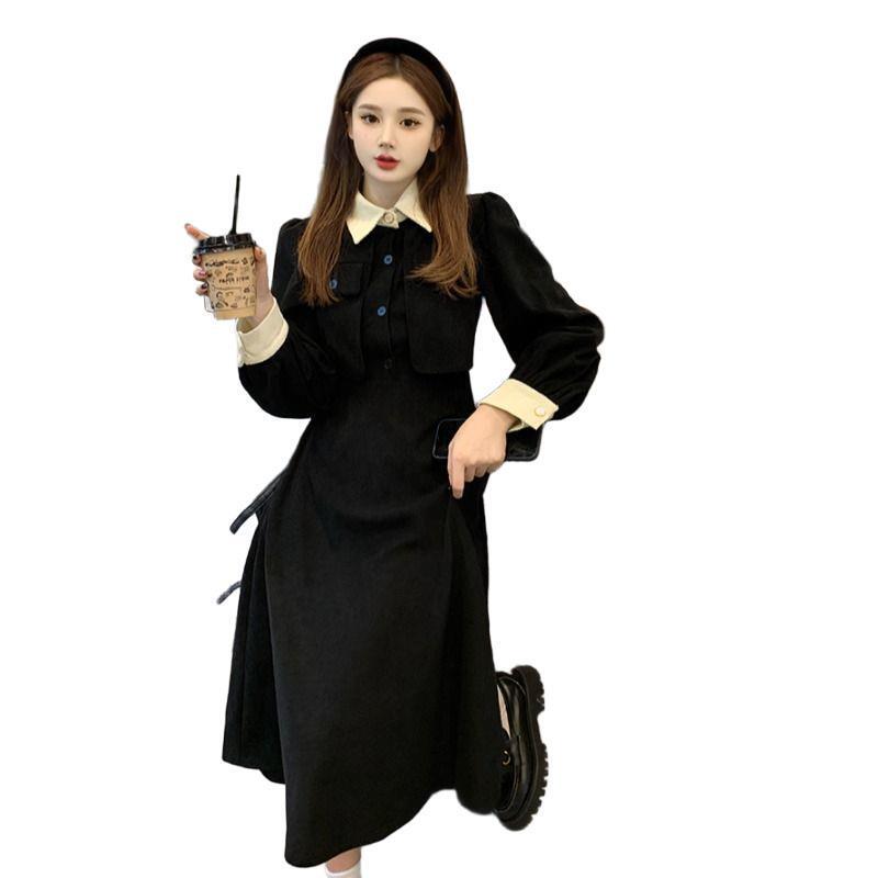 早秋季裙子2025年新款黑色法式连衣裙女春秋装内搭假两件收腰长裙|undefined