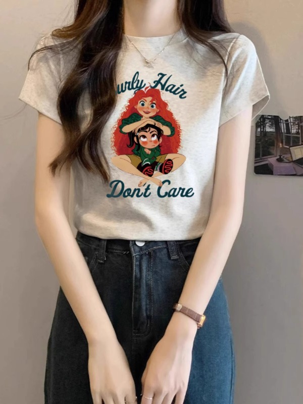デザインニッチな右肩ピュアコットン半袖Tシャツレディース夏新作プリントスリムラウンドネックグレートップトレンディ|undefined