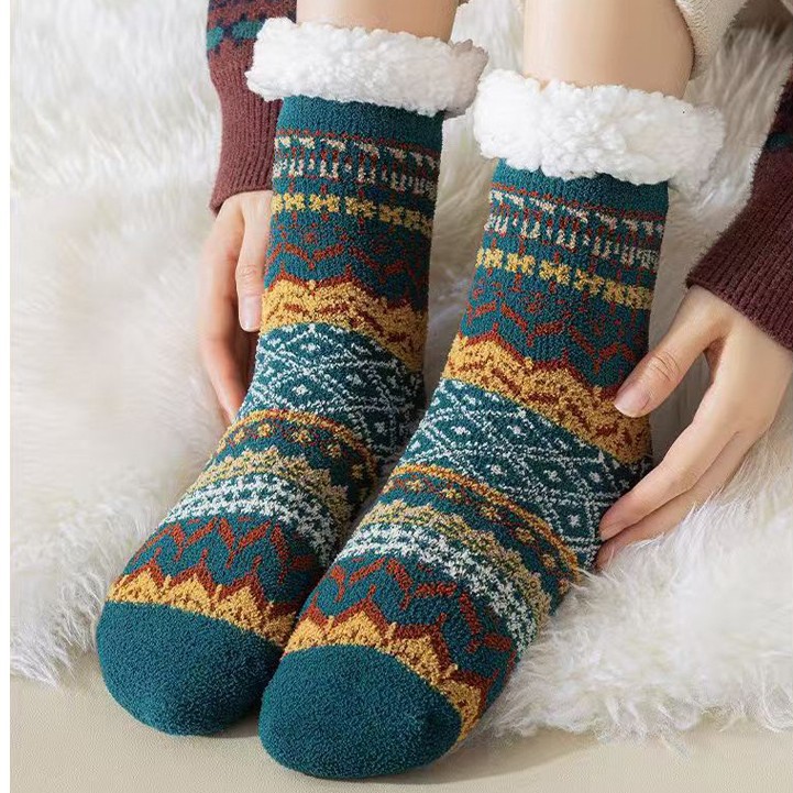 Calcetines de piso de cachemira de mujer calcetines de sueño de viento nacional otoño y invierno calcetines de caucho gruesos calientes antideslizantes de silicona calcetines caseros