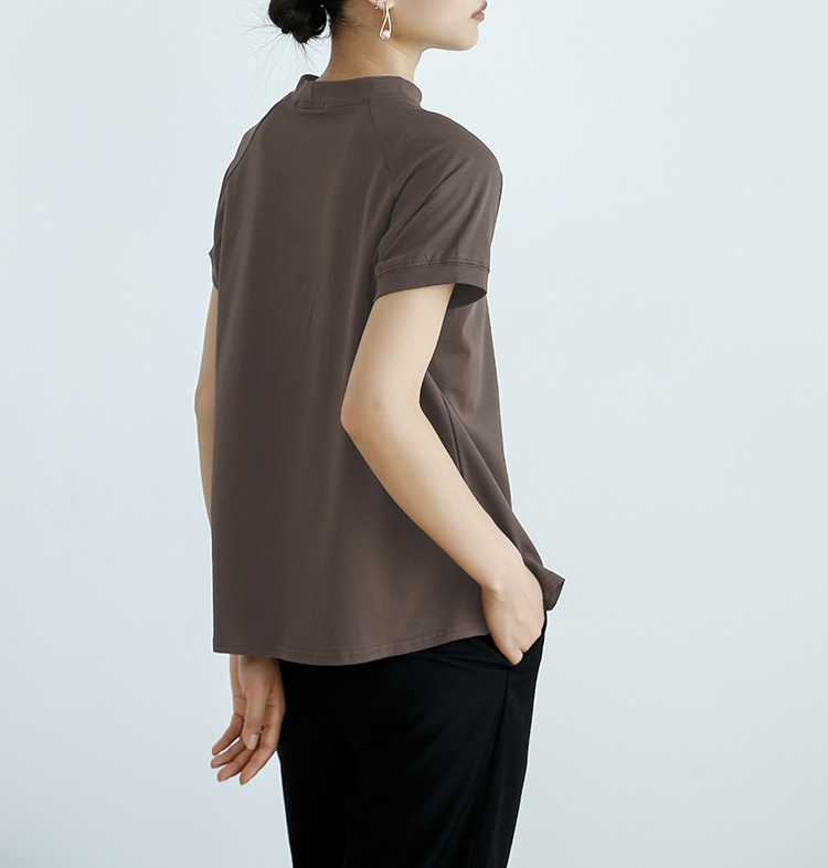 Summer Cotton Solid Color Short Sleeve Women T Shirt French Pullover Women Side Slit
