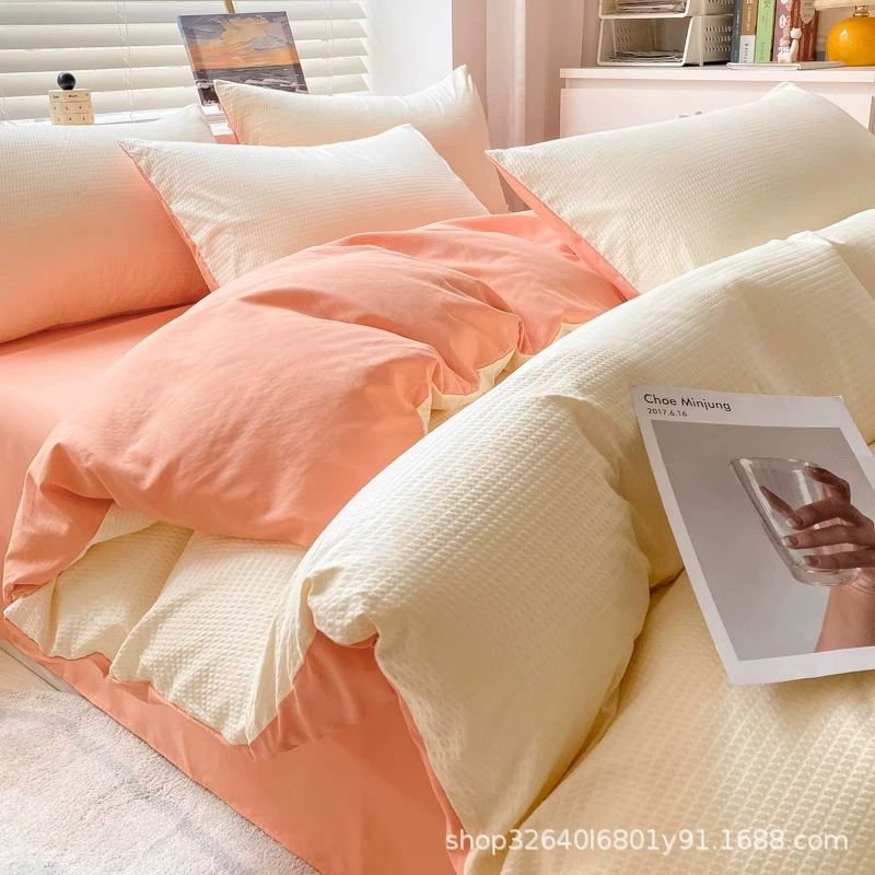 Однотонное стираное хлопковое четырехсекционное одеяло для общежития, трехсекционное вафельное одеяло для одного студенческого общежития, простыни на все сезоны