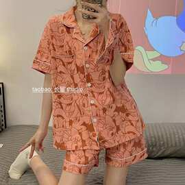 日韩外贸睡衣女夏季网红同款可爱卡通短袖开衫两件套家居服可外穿