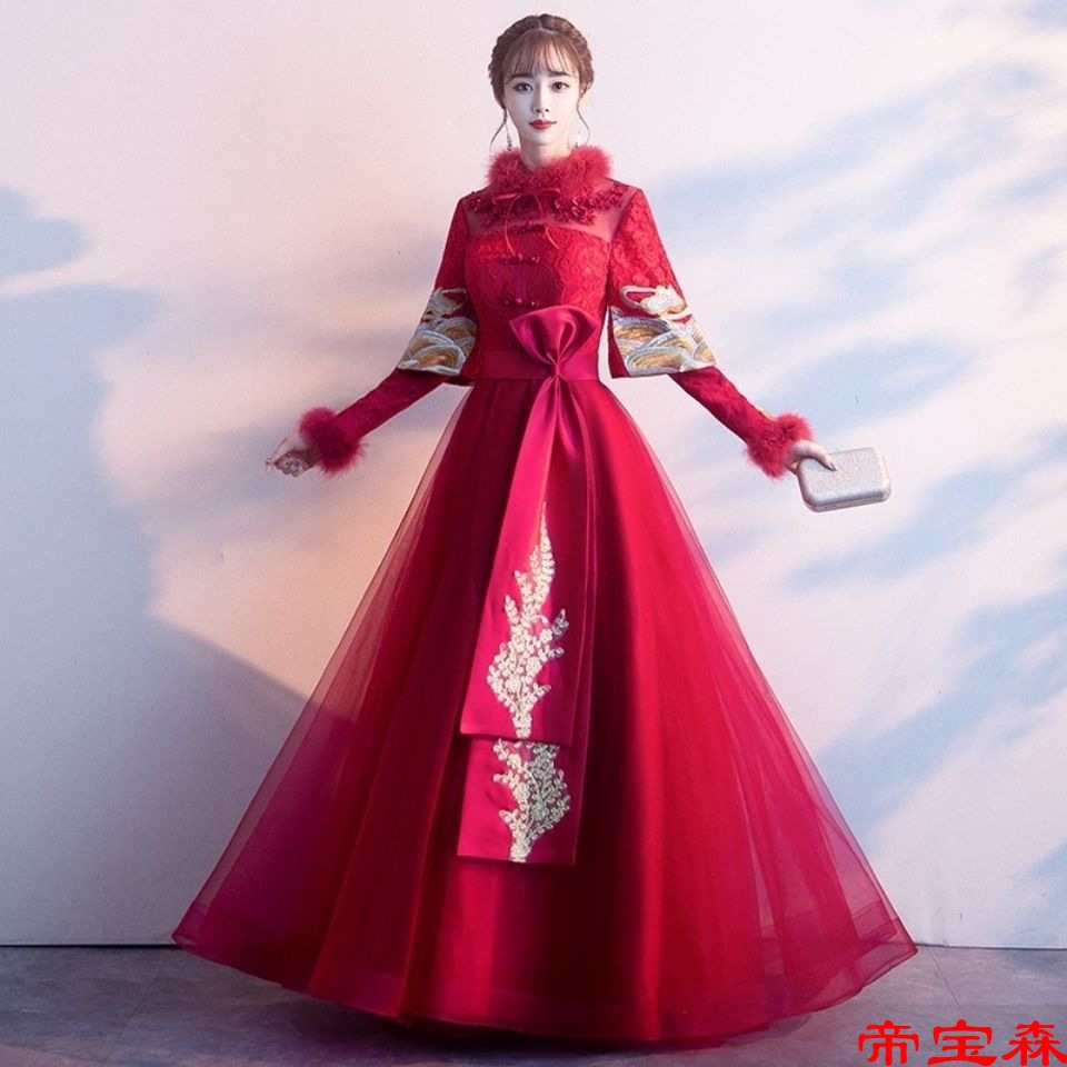 Manufacturer's toast 2021 Claret new pattern Long sleeve Autumn and winter marry Chinese style thickening pregnant woman bride cheongsam full dress