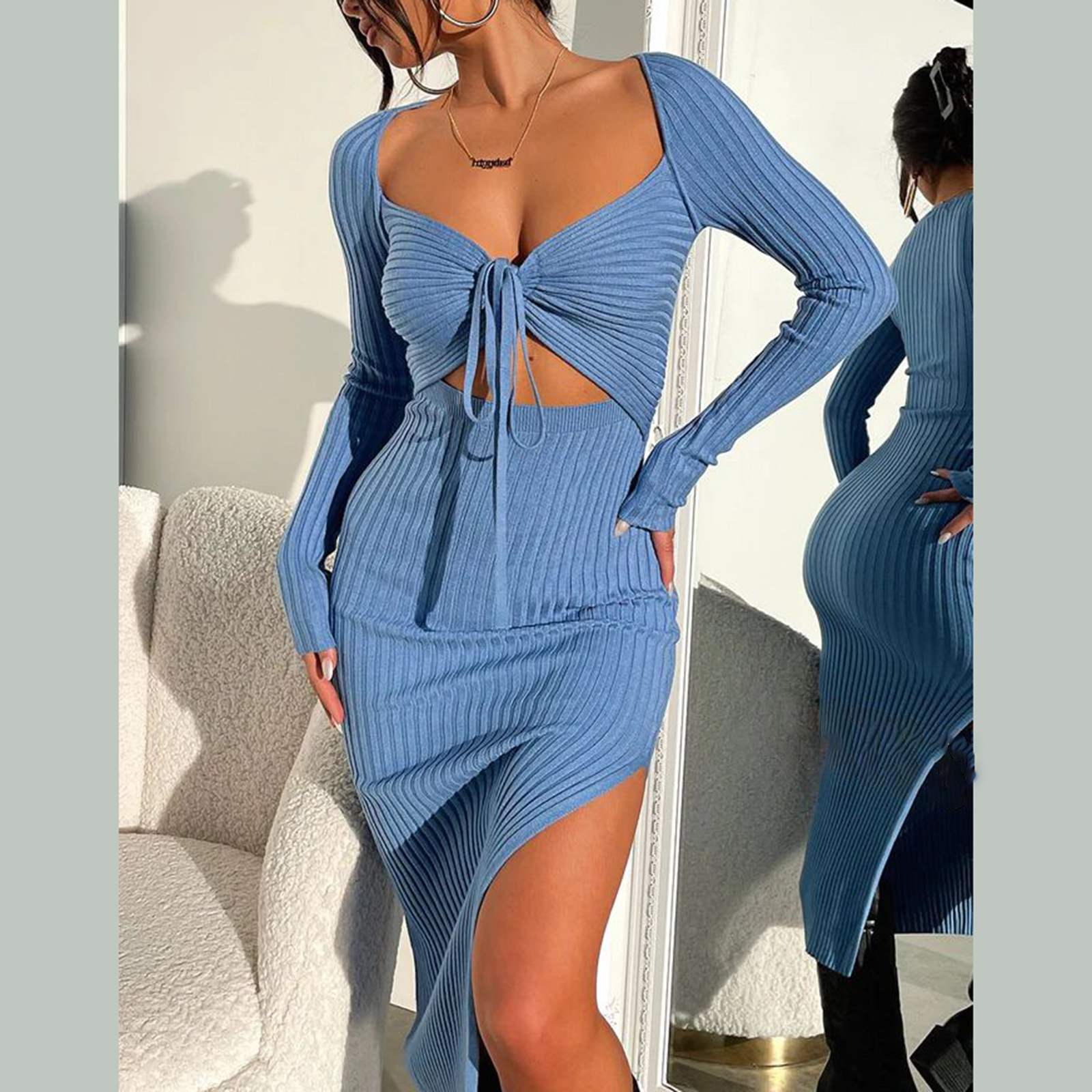 Women's Slit Dress Sexy V Neck Long Sleeve Solid Color Midi Dress Date display picture 2