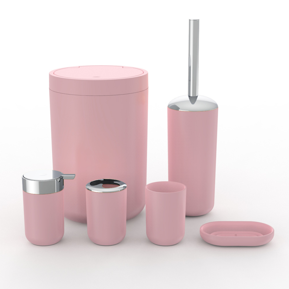 Plástico de color sólido plateado seis piezas conjunto de cepillo de dientes caja de jabón cepillo de inodoro almacenamiento baño conjunto de lavado