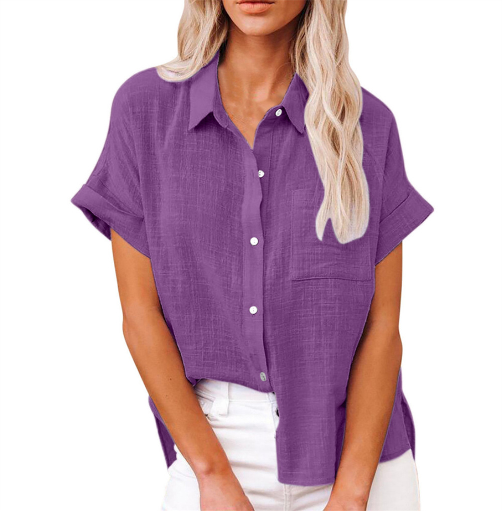 Women's Cotton Linen Short Sleeve Shirt With Pocket Spring/Summer Top For Commuter And Casual Wear_ecoleips.com