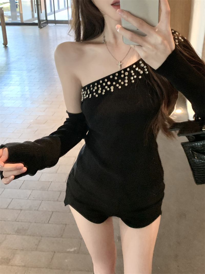 实拍实设计感针织衫斜肩烫钻短款针织衫上衣恤+袖子可拆卸