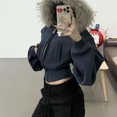 藏蓝毛领短款拉链连帽卫衣秋冬季设计感衣开衫外套女