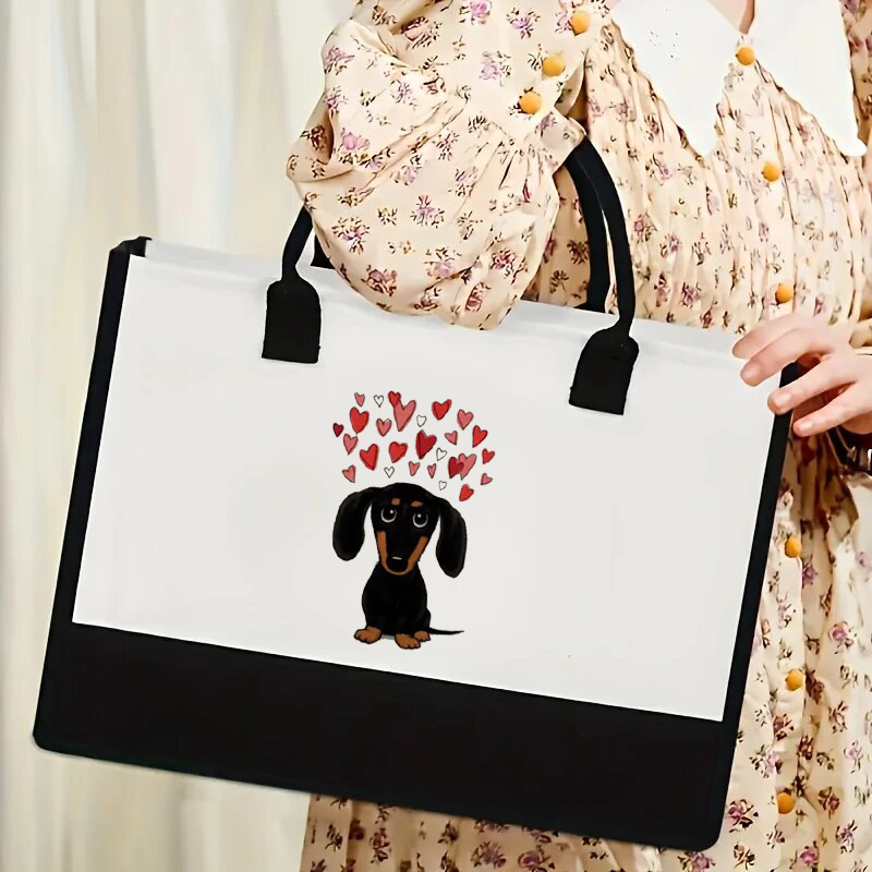 Bolso Tote estampado con estampado de patrón de cachorro de amor transfronterizo de color en contraste Bolso de hombro doble en blanco y negro de gran capacidad Texto de alta gama
