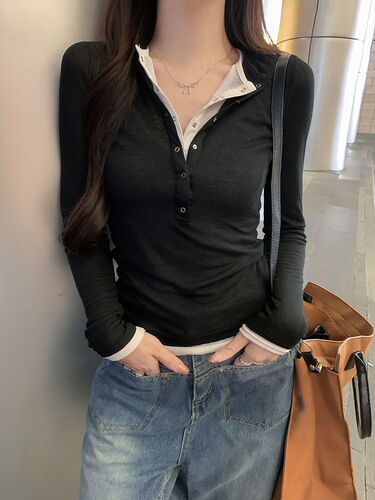 Improved version—please take a look at the actual product before placing your order [* Cotton-modal blend] spliced with contrasting colors for a faux two-piece look.