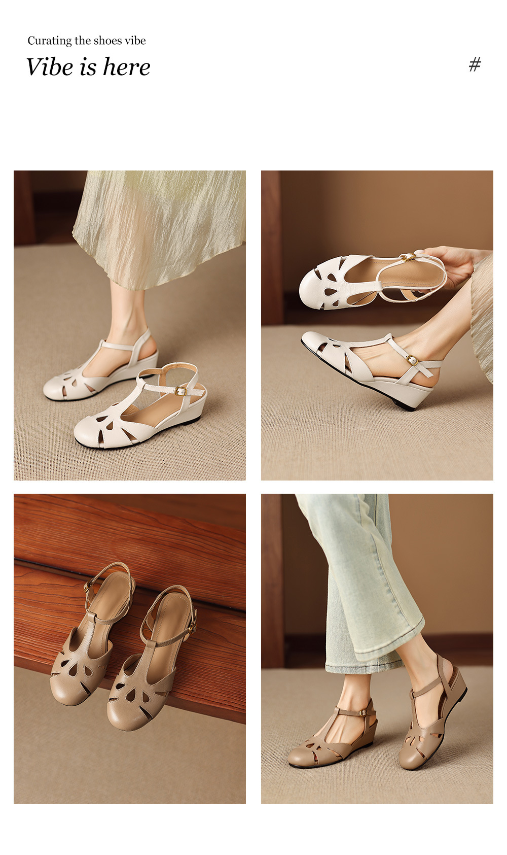 Sandal nữ quai chữ T mũi kín gót nêm cao 5 cm — màu be chi tiết 1