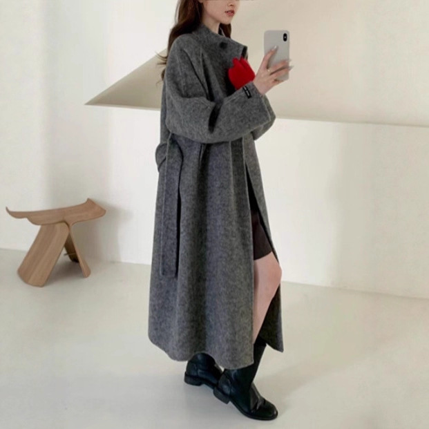 2025 New Autumn and Winter Stand-Up Collar Design, Lazy Style Double-Sided Wool Coat for Women, Korean Style Slimming Woolen Coat for Women