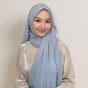 Factory Direct Sales Four-Sided Leaf Embroidered Plain Chiffon Square Scarf Malaysian Ethnic Style Headscarf Arabian Gauze Scarf