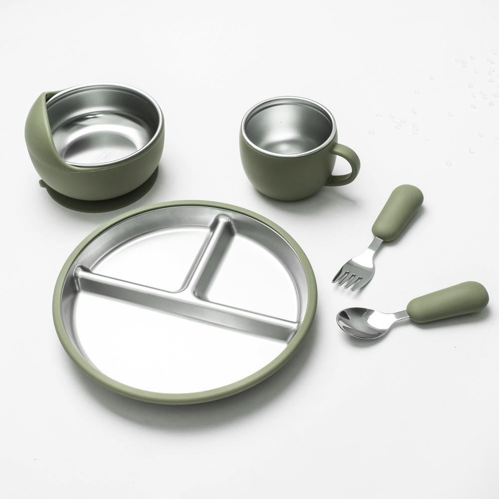 Nuevo silicona acero inoxidable ventosa platos de comedor integrados para bebés alimentación cubiertos de alimentos suplementarios para niños cucharas de cucharas de taza conjunto