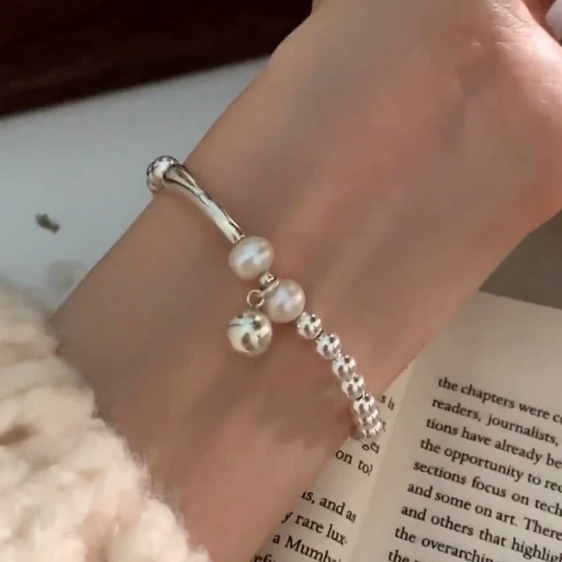 Silver 925 Pearl Bracelet, Minimal Beaded Design, Adjustable 12 cm