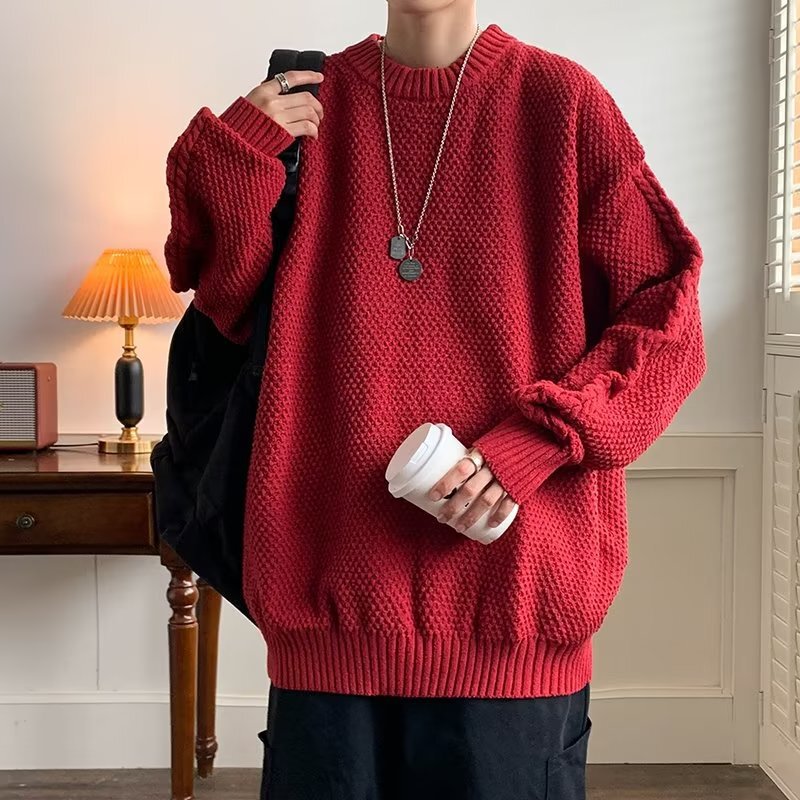 Japanese Retro New Year Christmas Red Couple Sweaters Men and Women Winter Trendy Loose Casual Knitwear Jacket Trendy