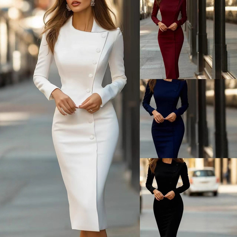 2025 Cross-Border Export Amazon Hot Style Professional Work Clothing Ol Style Asymmetric Single-Breasted Slim Dress for Women